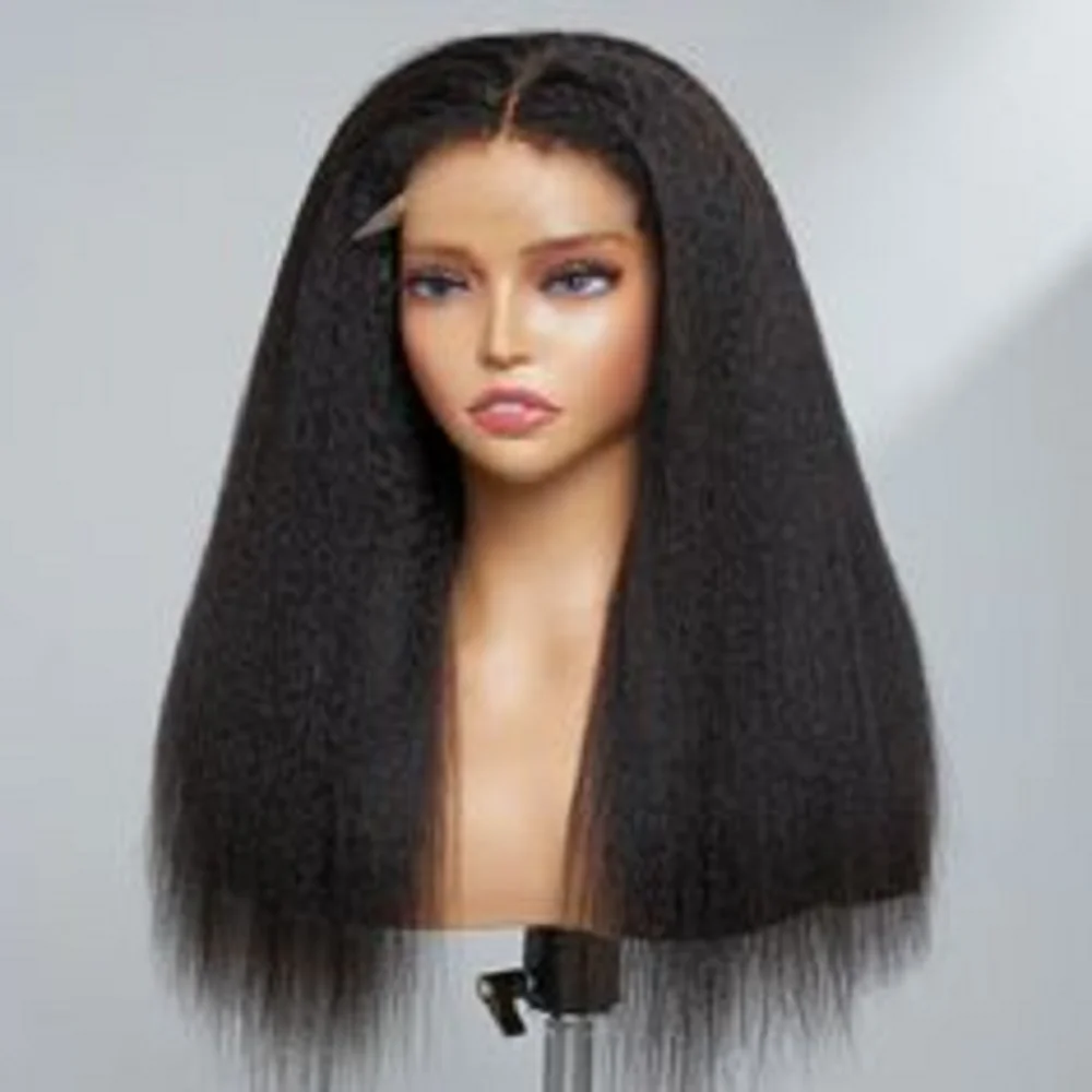 Long Kinky Straight Soft Glueless 26inch Black Yaki Lace Frontal Wig For Black Women Babyhair Preplucked Daily Cosplay