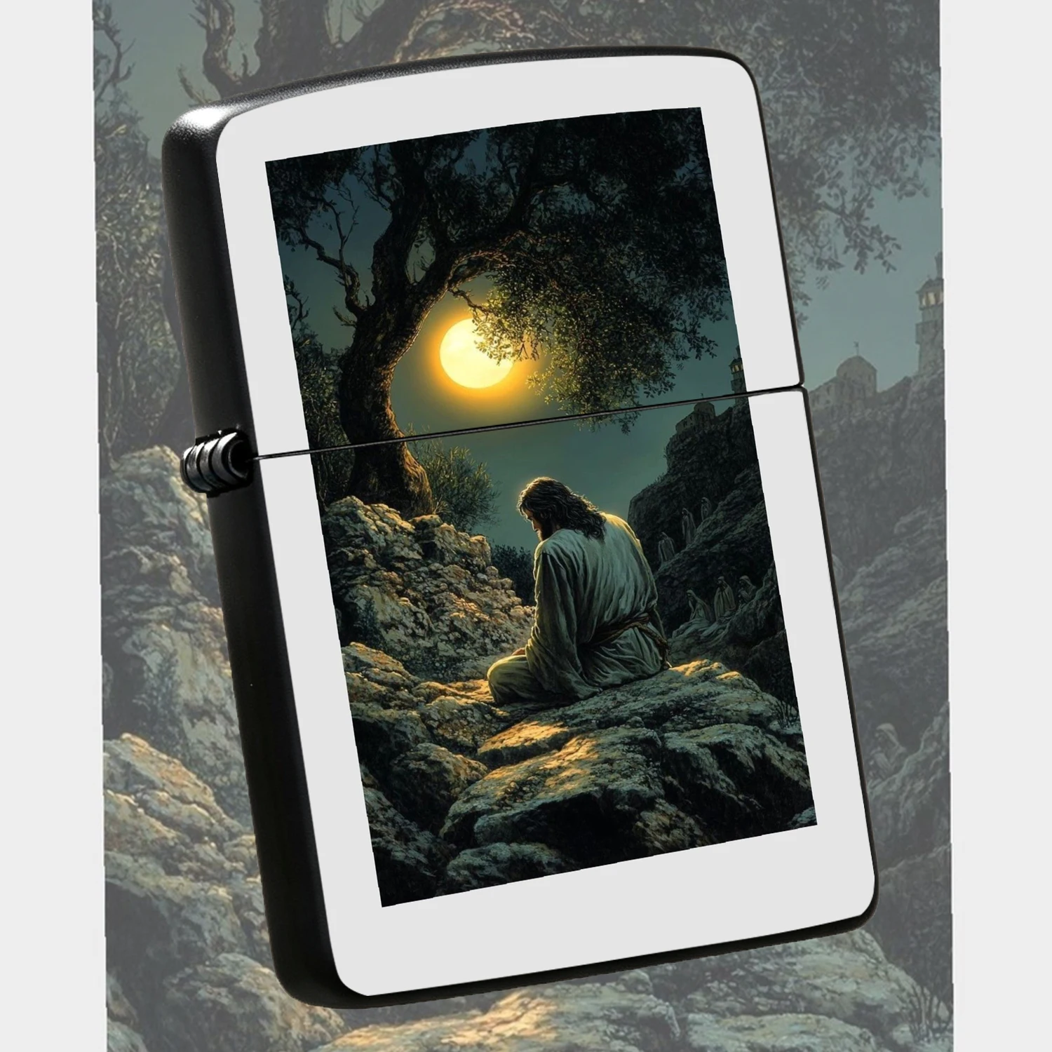 Retro With Jesus Praying In Gethsemane Under Full Moon Pattern, Durable Portable Windproof , Creative Religious Themed Collectible Gift For Believers Friends Family Daily Use A Fun And Humorous Lighter
