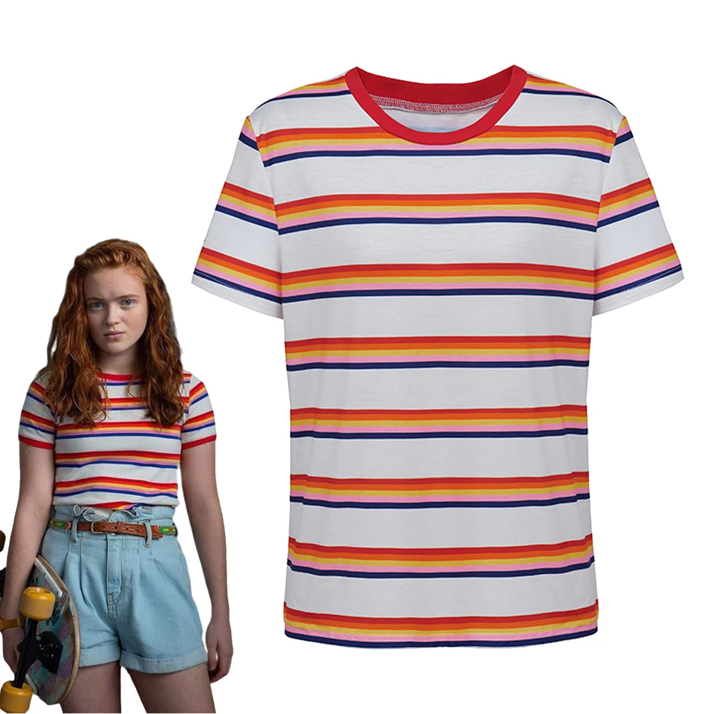 Max Mayfield Cosplay Kostüm Gestreiftes T-Shirt Erwachsene Frauen Max Mayfield Bunt Gestreiftes Casual Top Halloween Kleidung