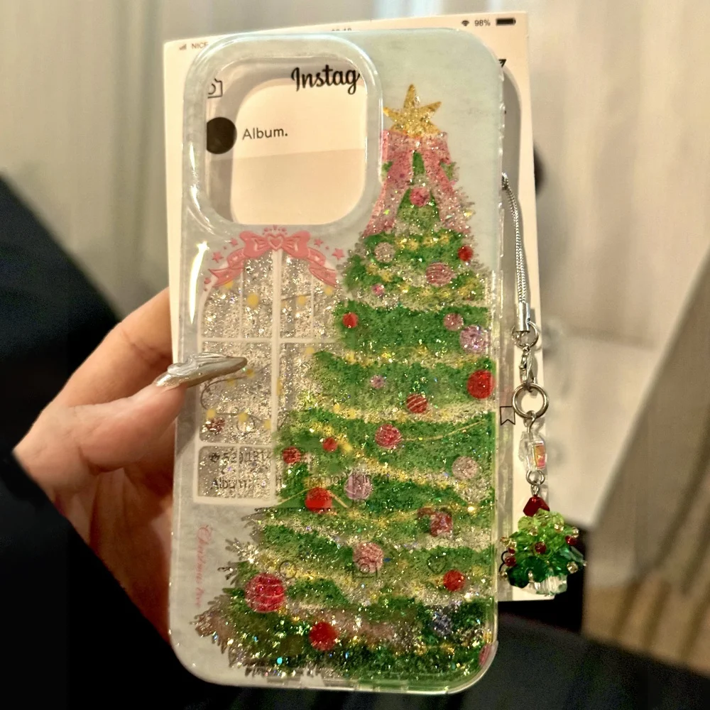 الفاخرة شجرة عيد الميلاد قلادة النافذة أضواء الترتر الحال بالنسبة آيفون 17 برو ماكس 16 15 برو 14 زائد 13 12 11 Blingbling غطاء