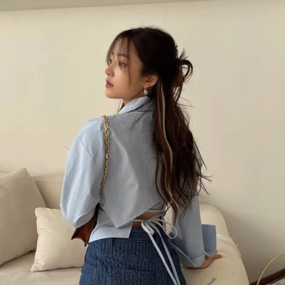 

Short Women Belt Tied Blouse V-neck Korean Y2K Style Long Sleeve Shirts Blue Shirt Back Belt Tied Slim Shirts Club Party