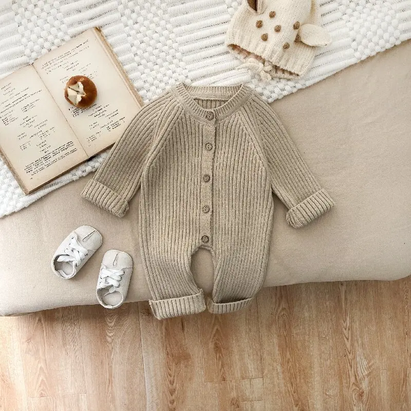 Customized Name Solid Knitting Cotton Long Sleeve Outfit Toddler Baby Boys Girl Romper Spring Autumn Newborn Baby Girls Jumpsuit