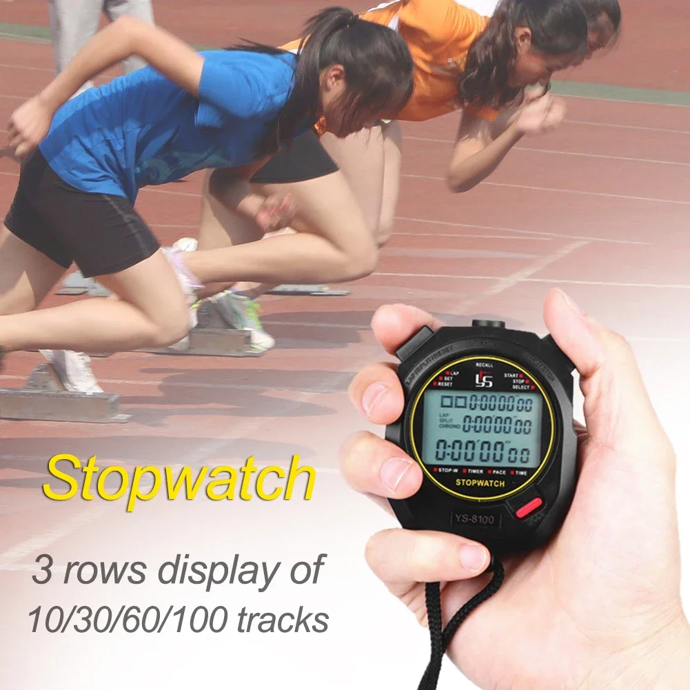 Handheld Digital Timer Stopwatch Chronograph Sports Training Digital Chronometers 3 Rows Display of 10/30/60/100 Tracks