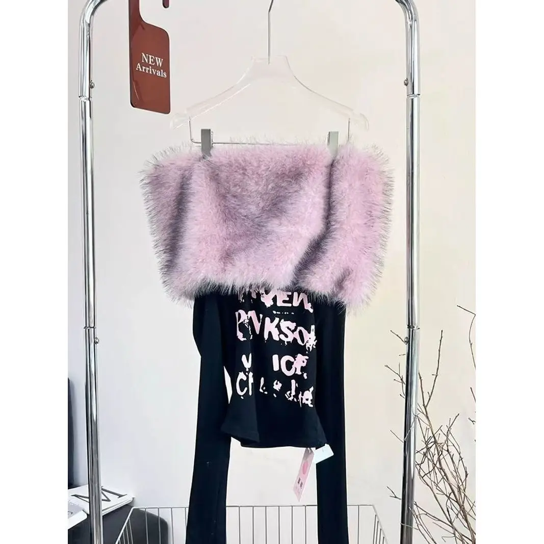 Sweet Vintage Harajuku Fur Collar Patchwork Top Y2k Women Autumn Off-shoulder Slim Shirt Long Sleeve Tshirt Aesthetic Streetwear - Image 5