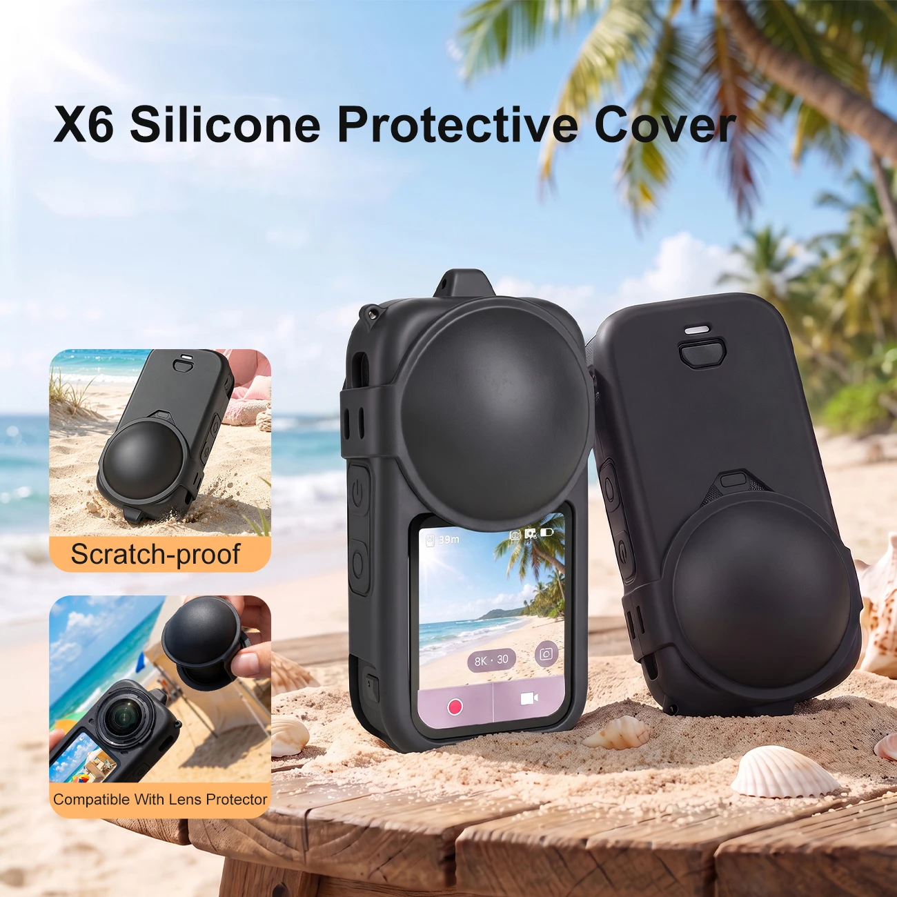 Silikon-Schutzhülle, vollständig umschließender Linsenschutz, kratzfest, stoßfest, Schutzhülle mit Halsband für die Insta360 X6 Action-Kamera.
