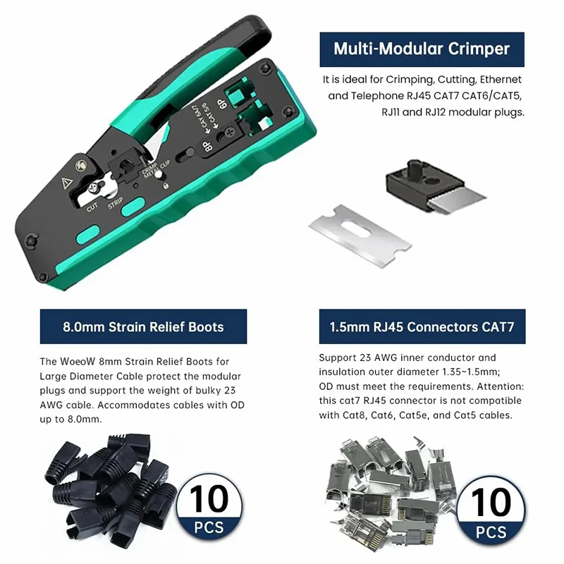 WoeoW Pass Through RJ45 Crimp Tool with 10PCS Cat7 Connectors and Strain Relief Boots, Ethernet Wire Cutter Crimper