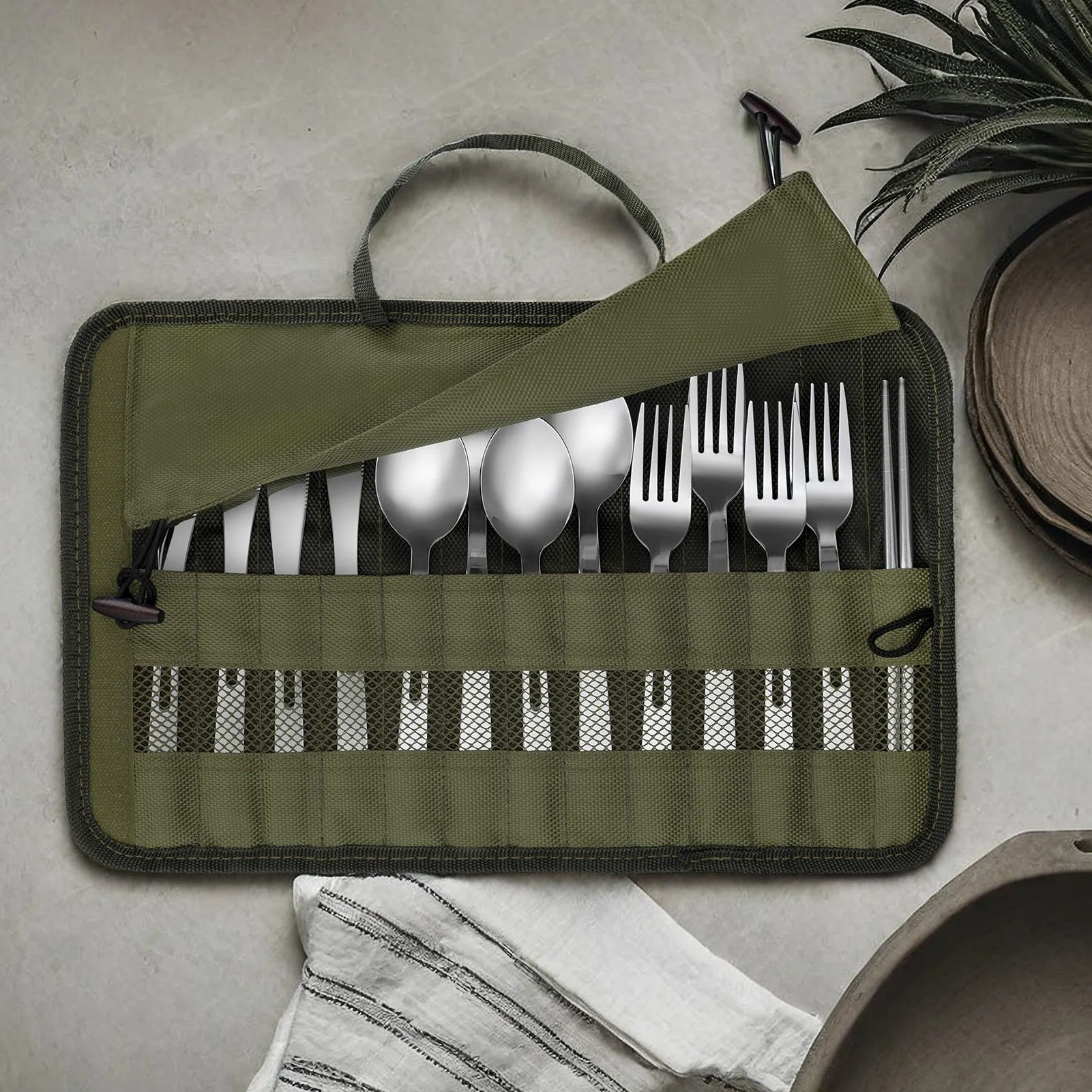 Outdoor Tableware Storage Bag Portable Folding Fork Chopstick Spoon Organizer Roll Bag Portable Camping Picnic BBQ Cutlery Bag