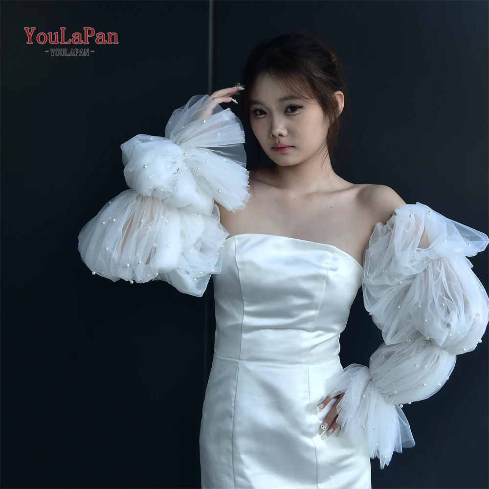 YouLaPan Bridal Long Sleeve Women's Arm Sleeves for Wedding Dress Wedding Puff Sleeve Pearls Oversize Long See-Through VM28  DIY