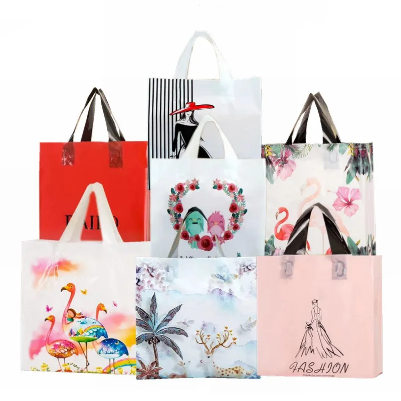 50pcs Wedding Plastic Bag With Handles Shopping Packaging Bag For Small Businesses Cartoon Flower Printed Gift Bags