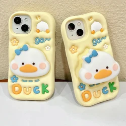 3D Cute Cartoon Duck Folding Bracket Soft Rubber Silicone Phone Case for iPhone 15 14 13 12 11 Pro Max Kickstand Anti-drop Cover