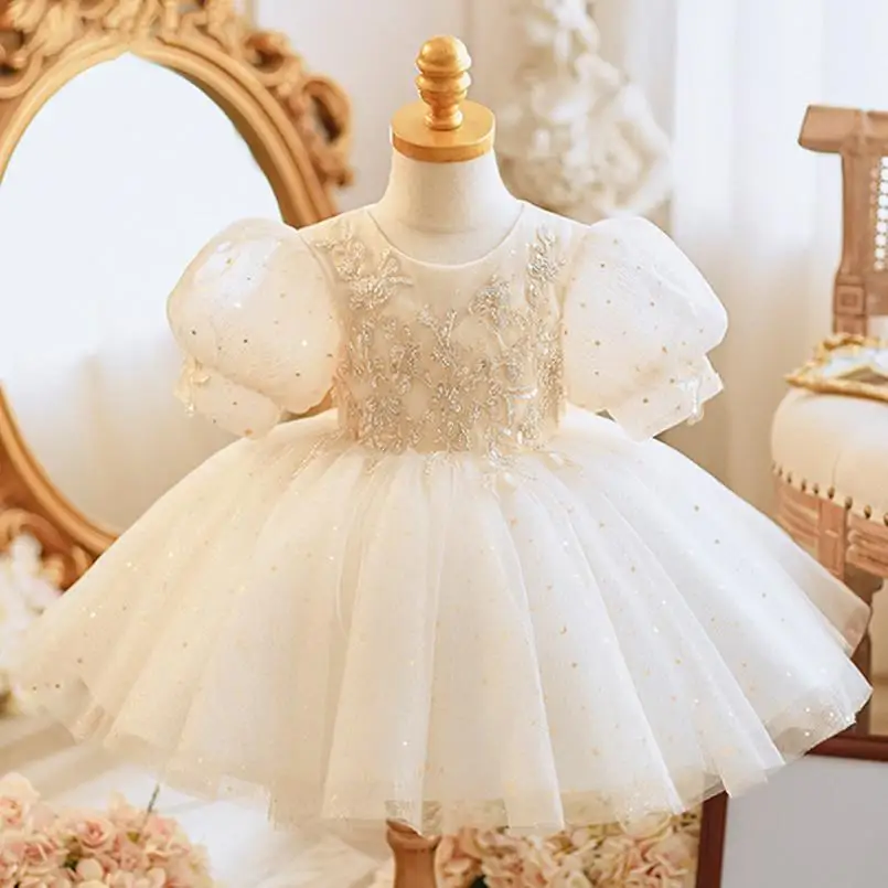 

Summer Children's Princess Ball Gown Sequin Mesh Puff Sleeve Design Birthday Baptism Party Easter Eid Dresses For Girls A2755