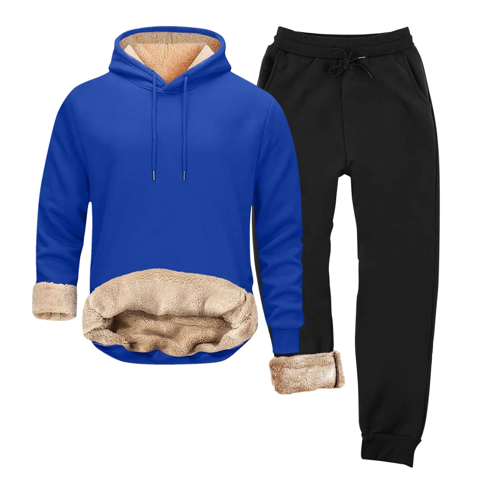 Winter Lambs Wool Lined Sweatshirt And Pants 2Pcs Set For Male Men's Thicken Solid Color Hoodies Top+Elastic Long Trousers Suit