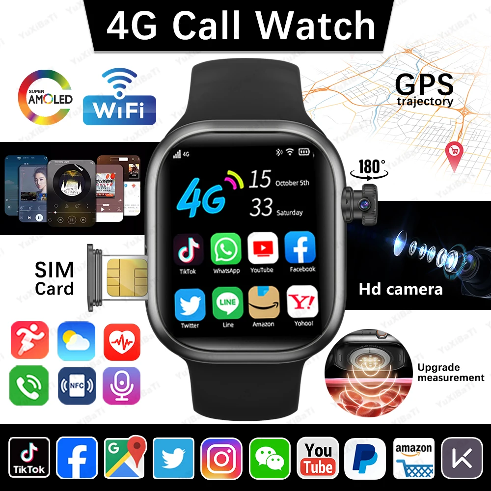 

2GB+32B RAM 4G Smart Watch 2.02 inch AMOLED 1000mah Battery 300W Camera GPS WIFI Google APP Download Android Sim Card Smartwatch
