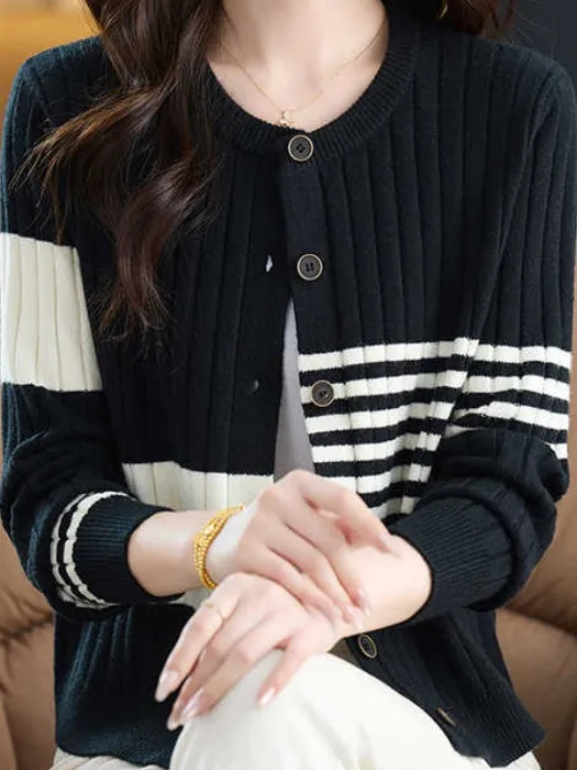 

Retro round Ne Striped Knitted Open Cardigan Women's Loose Outerwear Sweater Jaet Faionable Top for Autumn 2025