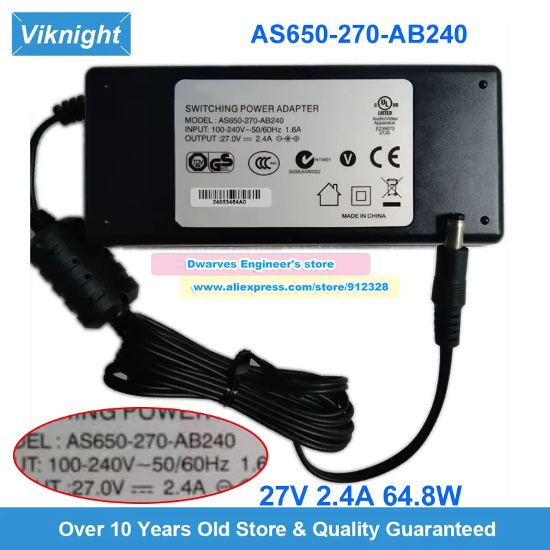AS650-270-AB240 AC Adapter 27V 2.4A 64.8W Laptop Charger For KINGWALL Speaker Power Supply 5.5x2.1mm
