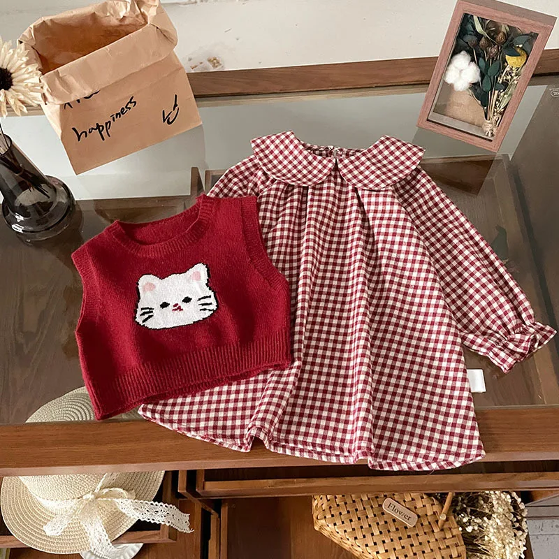 

Spot GoodsQQ252168Girls' Children's Outfit2025Autumn New Cartoon Sweater Plaid Dress