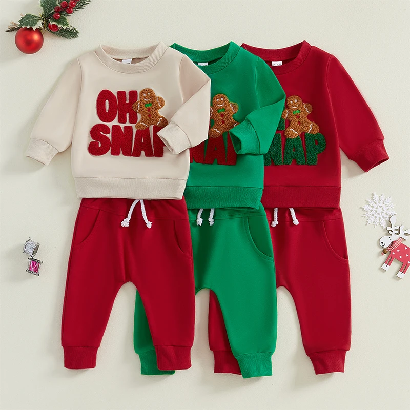 FOCUSNORM 0-3Y Casual Baby Boys Christmas Clothes Sets 2pcs Long Sleeve Gingerbread Embroidery Sweatshirt and Pants