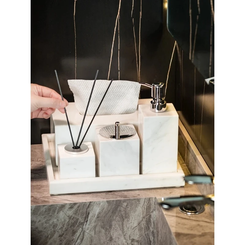 

Набор для ванной Volakas из белого мрамора: дозатор мыла, коробка для салфеток, контейнеры для хранения, поднос | Роскошные косметические аксессуары