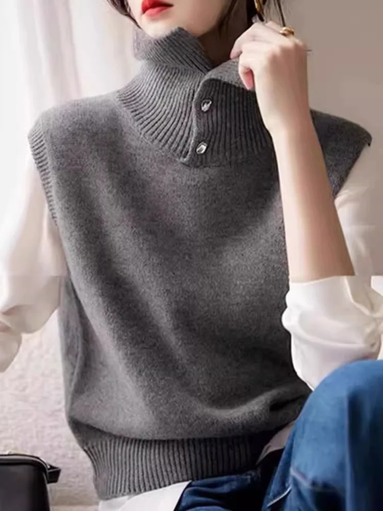 

Ladies' Knitted High Collar Svel Vest Winter Faion Lazy Sle Button up Casual Comfortable Korean Loose Fit Top