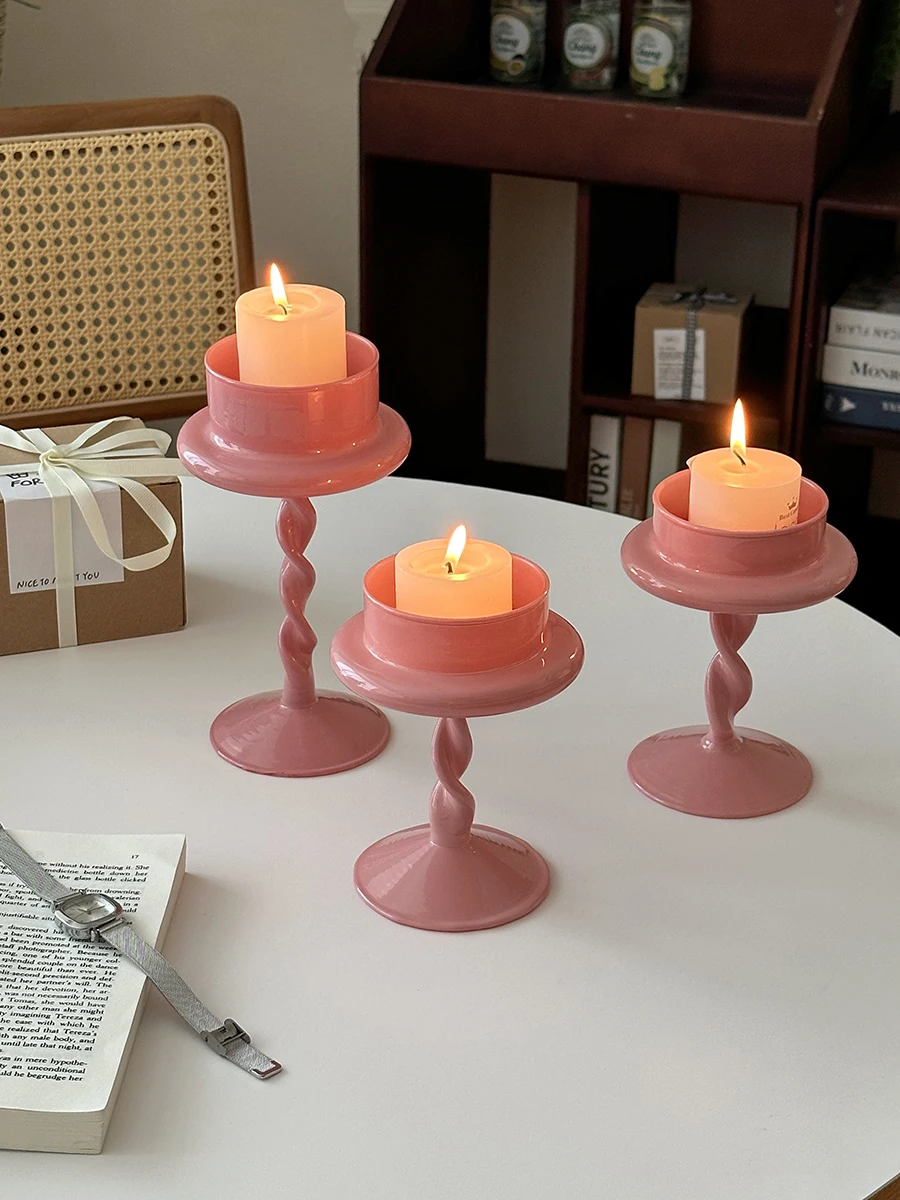 The product can be customized. ins European candlestick, pink glass candlestick decoration, niche high-end Roman column atmosphe