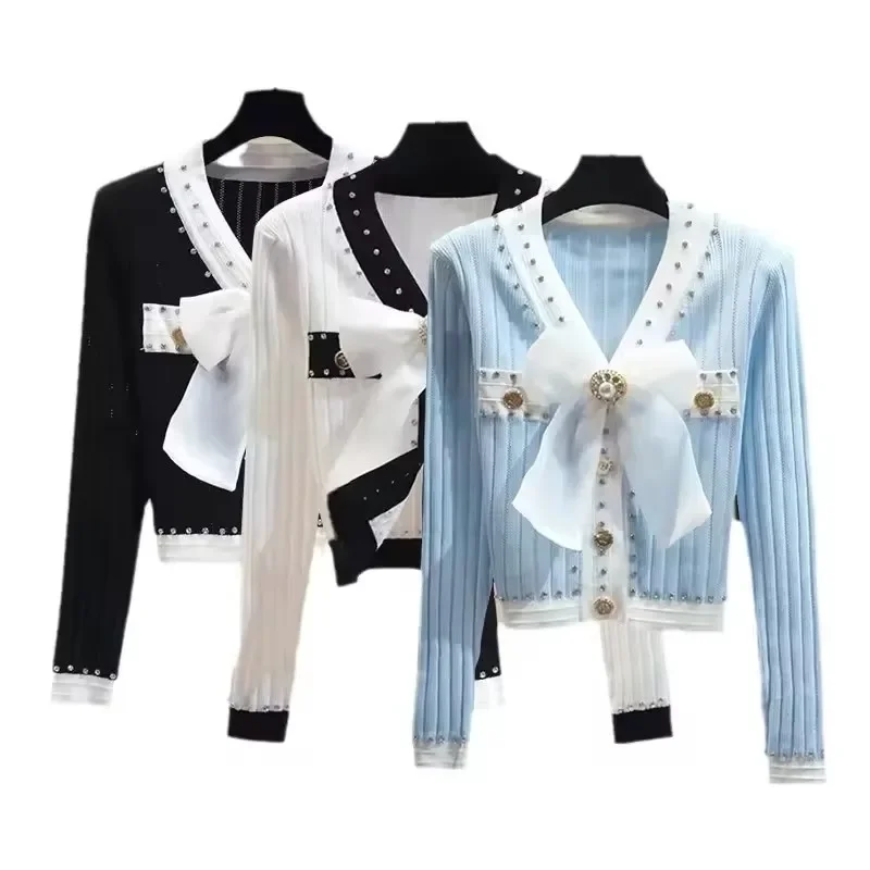 

Элегантный вязаный топ с v-образным вырезом, женский осенний новый кардиган с бантом, маленький ароматный кардиган, короткая куртка, тонкий женский модный свитер, трикотаж