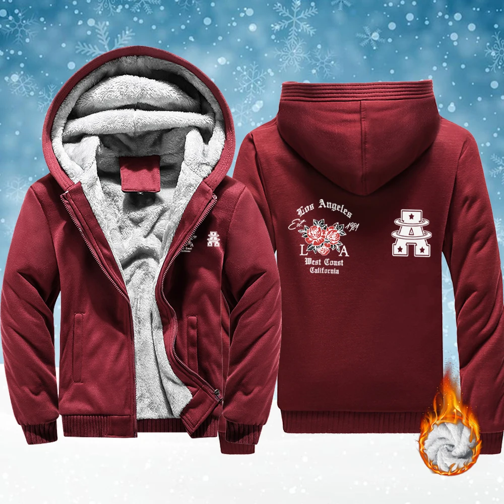 

Los Angeles California Letter A Printed Man Soft Jackets Fleece Zip-Up Outwear Winter Thicken Tops Warm Veste Casual Street Top
