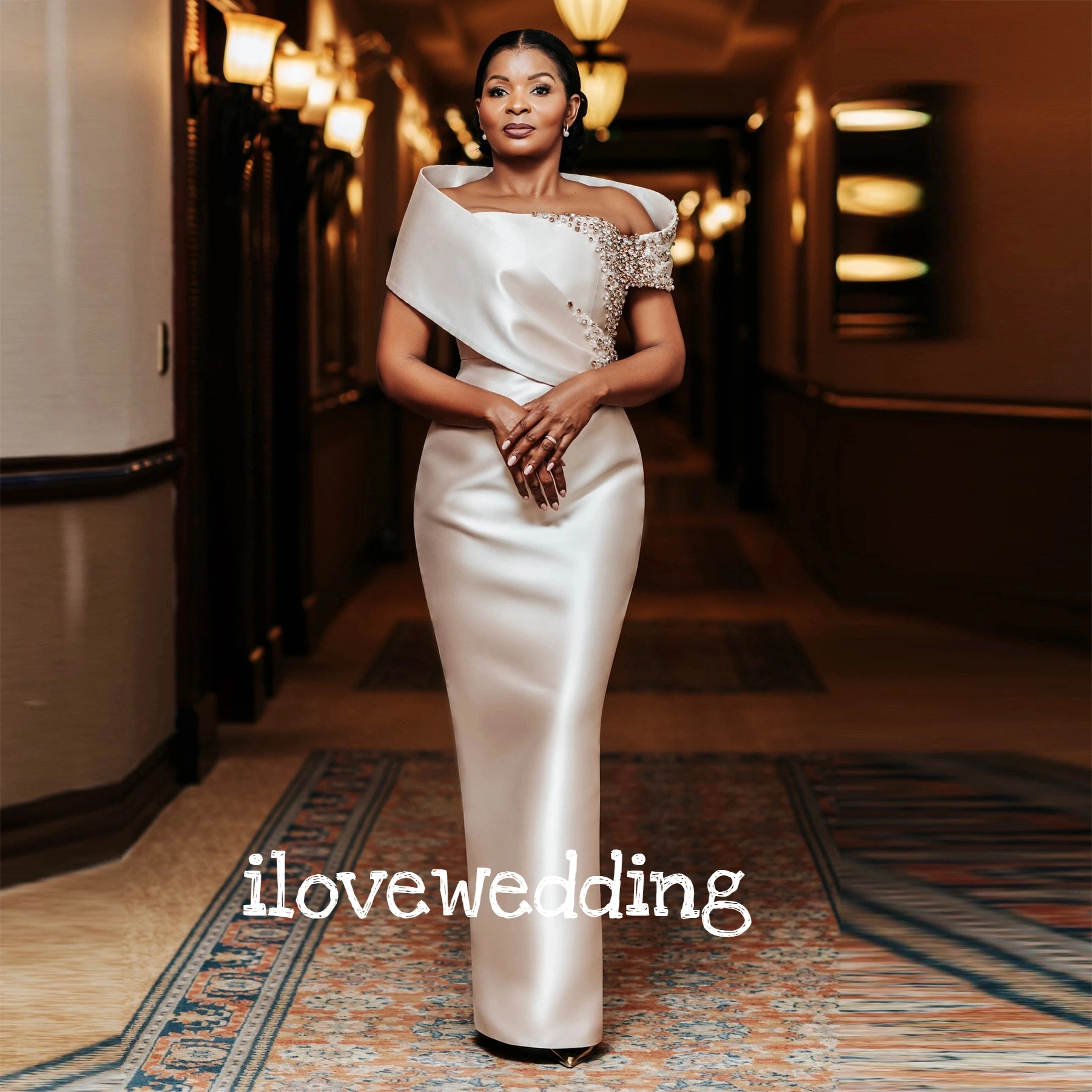 

White Strapless Evening Dress Satin Off Shoulder (No Beads) Mermaid Backless Floor-Length Pleat Wedding Party Dress Customized