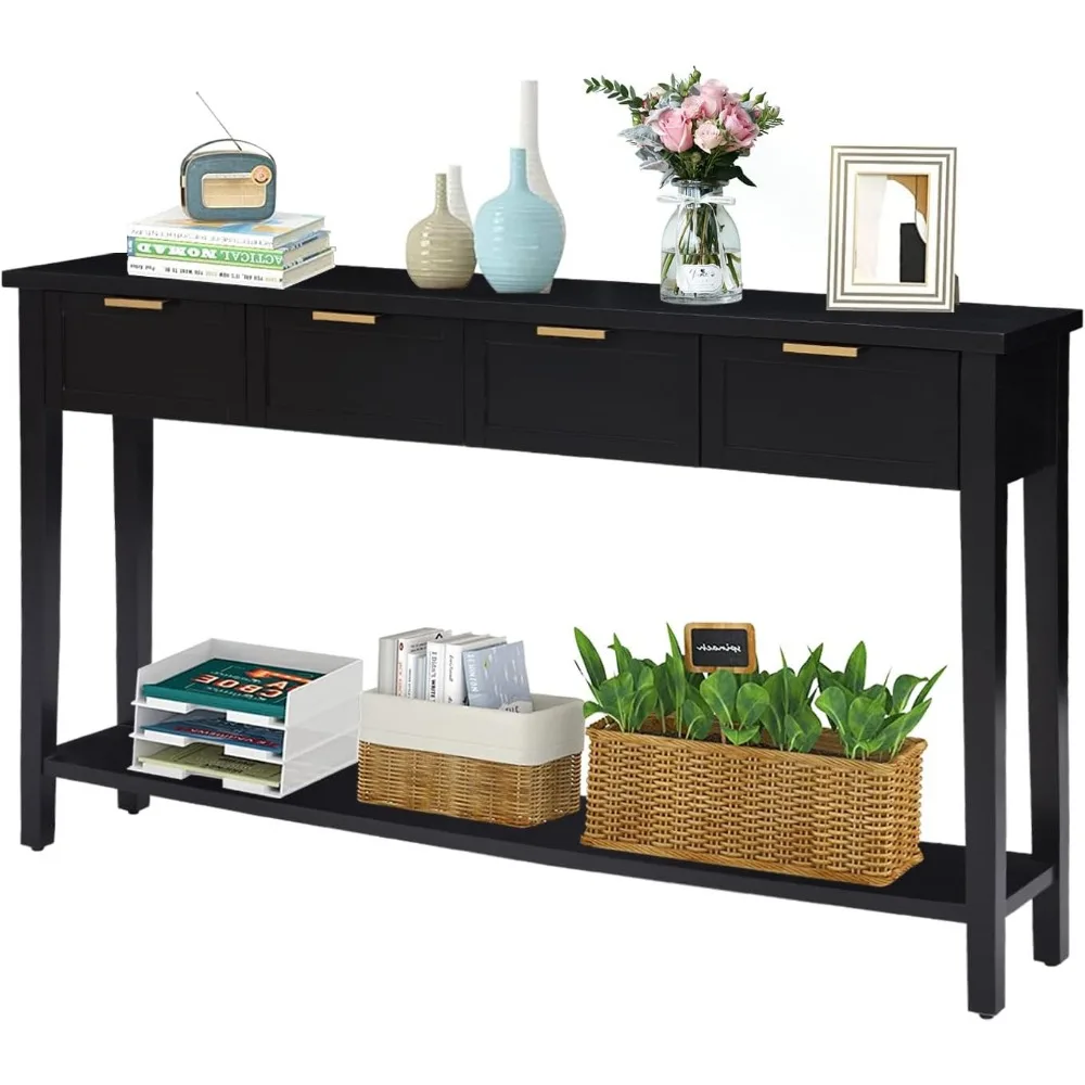 Morden Console Table with Drawers, Narrow Sofa Table with Storage Shelf for Living Room, Entryway, Hallway, Black
