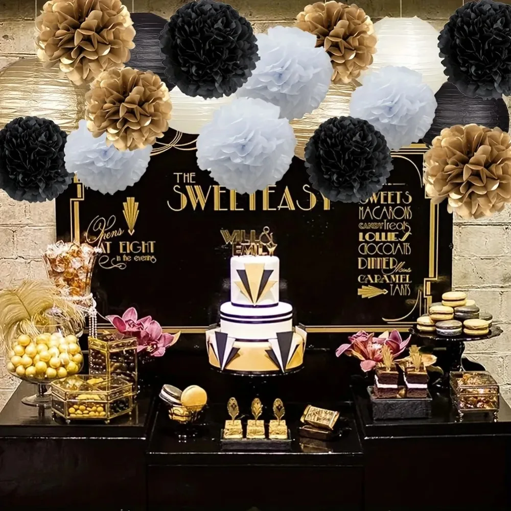 24 Pieces Hanging Decor Set, Lanterns and Pom Poms in Black White Gold for Festive Party Decoration