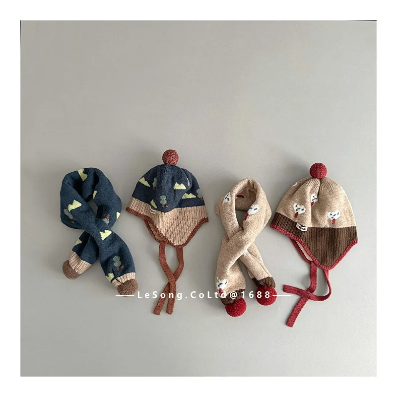 Set Topi dan Syal Anak Gaya Korea, Beanie Rajut Modis dengan Penutup Telinga dan Syal Senada, Pakaian Hangat Dua Potong untuk Anak Laki-laki dan Perempuan, Lucu H2165