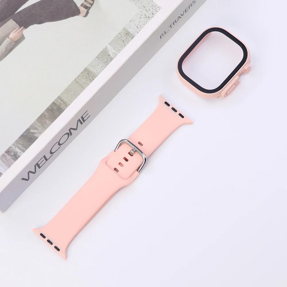 Vidrio + funda + correa para Apple Watch Band 49mm 44mm 40mm 45mm 41mm 38mm 42mm 46mm correa de silicona iWatch Series 10 9 8 7 Ultra SE