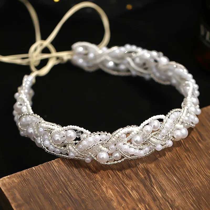 Handmade Silver Color Crystal Pearls Hairbands Wedding Bridal Hair Accessories Long Tiaras Headbands Beads Women Head Jewelry