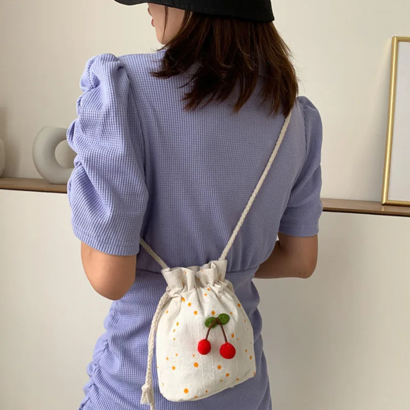 

Fashion Canvas Cherry Bucket Shoulder Bag Simple Casual Polka Dots Small Crossbody Bag Purse