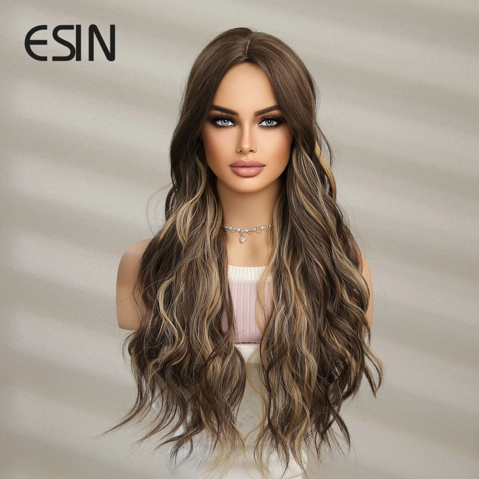 ESIN-Peluca de cabello sintético para mujer, pelo largo con ondas al agua, degradado, Rubio mezclado, marrón, parte media, fiesta Natural, resistente al calor