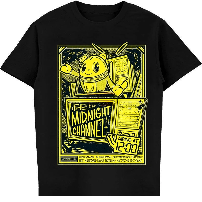DMN Black Persona 4 Midnight Channel TV camiseta algodón moda 2024 verano vintage manga corta Camiseta estampada hombre
