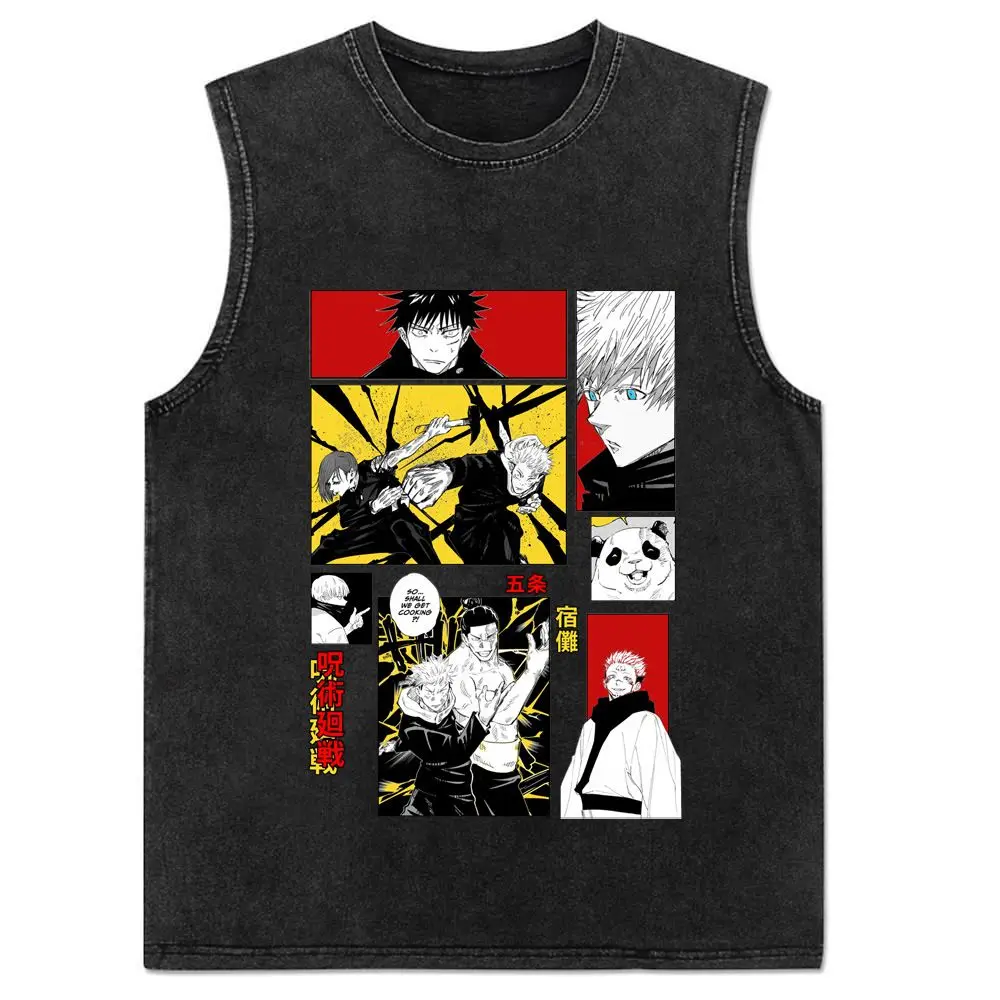 2024 New Vest Summer, Spell Back To War, Anime Printed Cotton Vest Men\'s Washed Retro Sleeveless T-shirt Ins