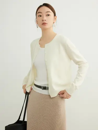 SuyaDream, Cardigans For Woman, 100%Merino Wool, Round Collar, Solid Plain Sweaters, 2024 Fall Winter Jackets, Beige, Black - Image 2