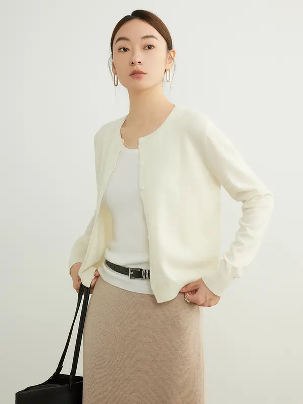 SuyaDream, Cardigans For Woman, 100%Merino Wool, Round Collar, Solid Plain Sweaters, 2024 Fall Winter Jackets, Beige, Black - Image 2