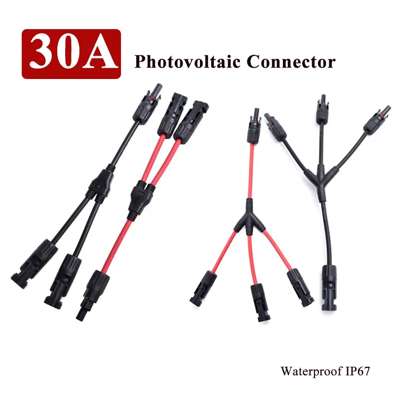Waterproof Y-shaped Photovoltaic Connector Cable 30A DC1000V IP67 Y3 Y4 Y5 1 to 2 Parallel Black Red Wire Solar Panel Plug Wire