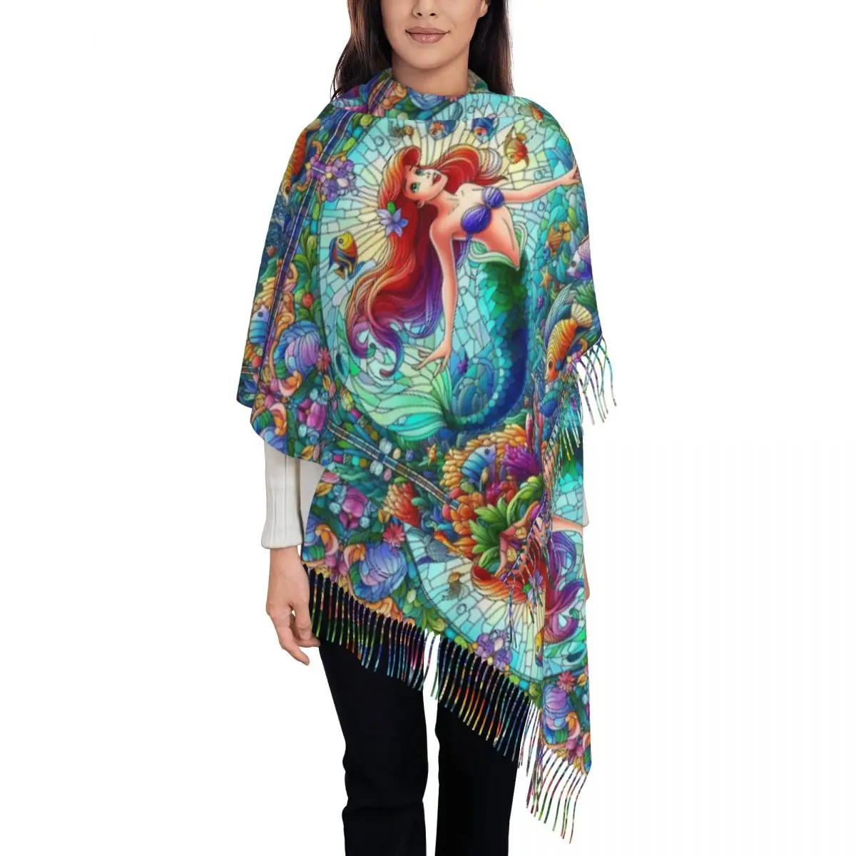 Custom Print Ariel Little Mermaid Cartoon Printed Scarf Women Men Winter Warm Scarves Shawl Wrap