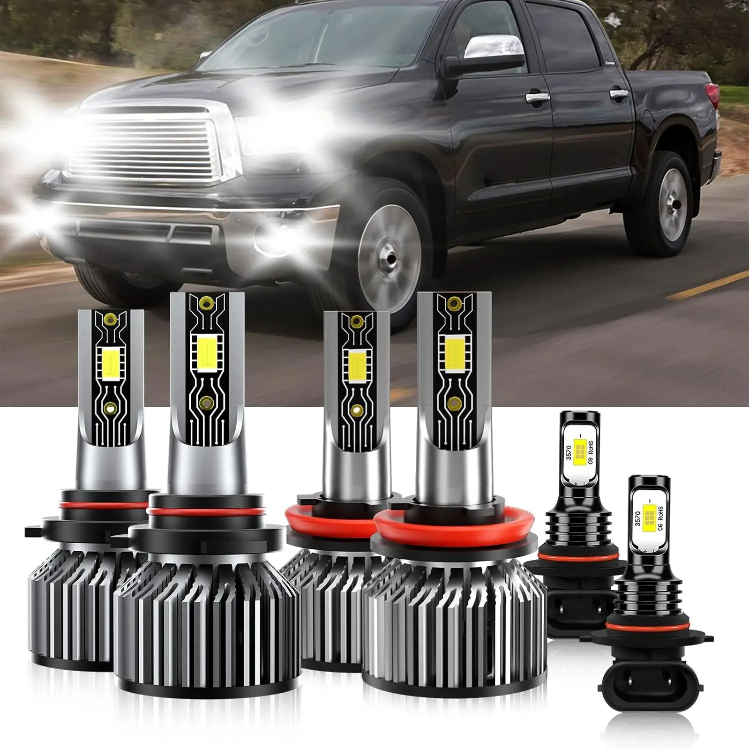 Compatible For Toyota Tundra 2007-2013 9005 H11 High/Low Beam 9005 Fog Light Bulbs, 600% Brightness 6500K White with Cooling Fan