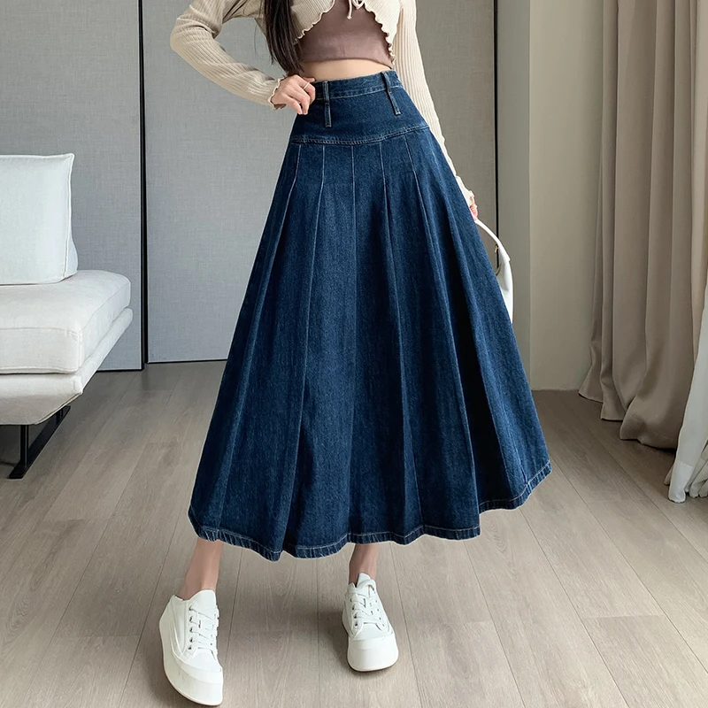 Chic Pleated Jeans Skirts 2024 Spring Autumn High Waist Long Washing Ladies Straight Women  Loose Denim Midi Skirts L862A