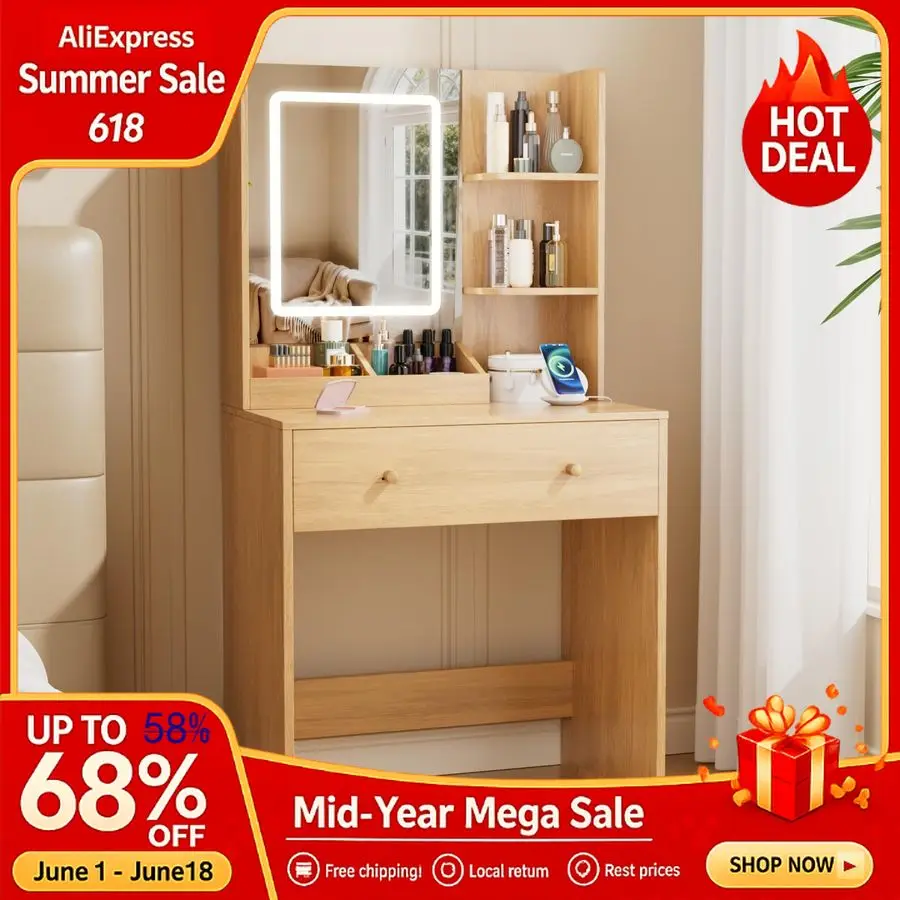 

Vanity Desk with Mirror and LED Lights, Modern Small Makeup Vanity Desk with Drawer, 3 Storage Shelves, 24 Inches Dress