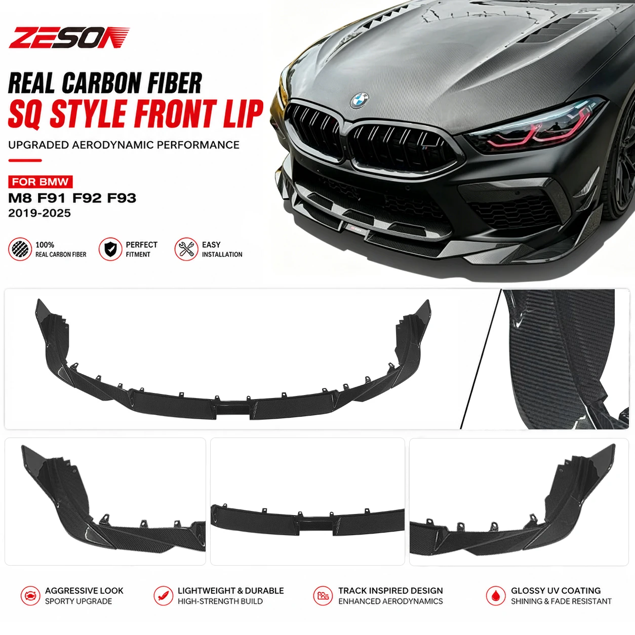 Dry Carbon Fiber SQ Style 3 Piece Front Lip Splitter with Canards for BMW M8 F91 F92 F93 Coupe Convertible Gran Coupe Glossy