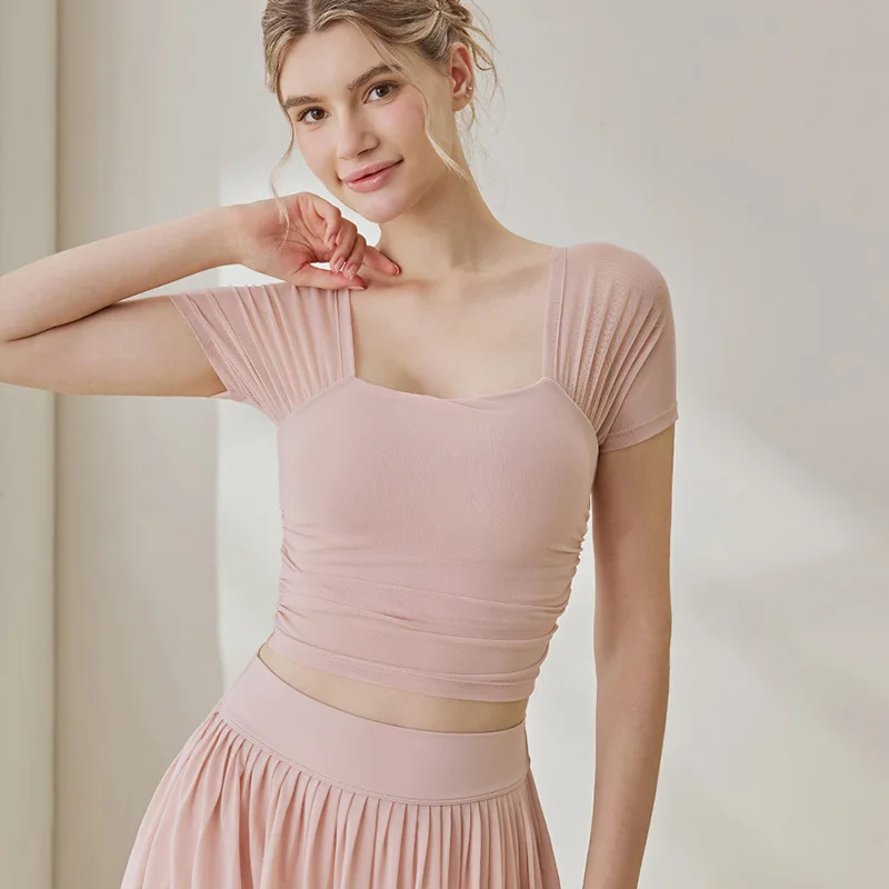 Women Yoga Set Summer Breathable Mesh Short Sleeve Crop Top & Pleated Tennis Skirt 2‑Piece Outfit Gym Workout
