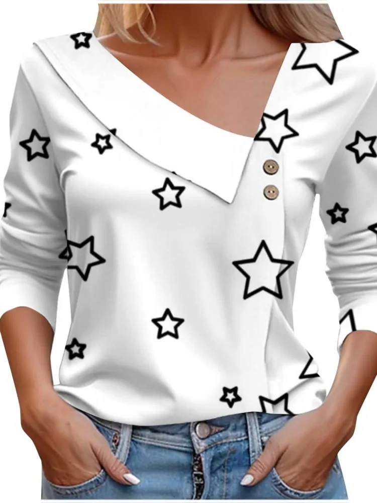 

Star Print T Shirt For Women Fashion Skew Collar Long Sleeve Top White Button Shirts And Blouses Autumn Clothes For Women 2023