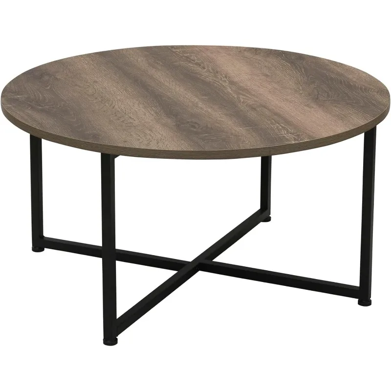 

Round Coffee Table Rustic Wood Grain and Black Metal 31.5 x 31.5