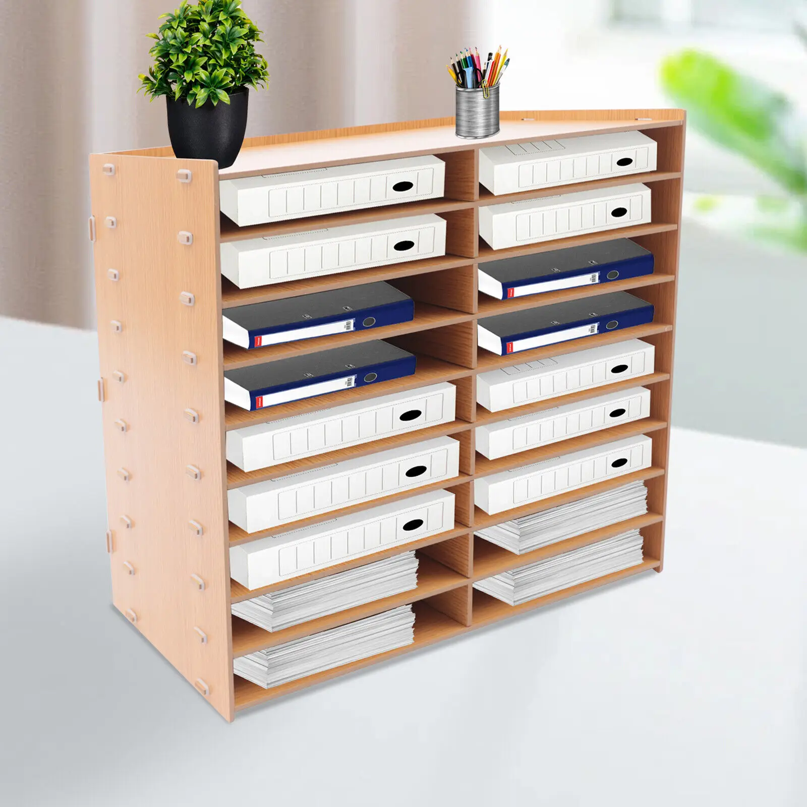 18 Grids Paper Tray Organizer Wood Desktop File Organizer Storage Holder Office Document Storage Rack Book Magazine 9-layer