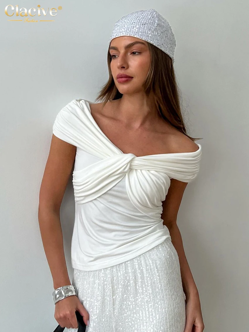 Clacive Bodycon White Knitted Women Top 2024 Summer Sexy V-Neck Short Sleeve Shirt Elegant Slim Chic Tops Female Clothing