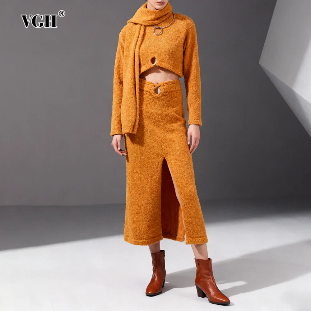 

VGH French Style Elegant Solid Two Piece Sets For Women Square Collar Long Sleeve Top High Waist Skirt Sexy Set Female Fashion
